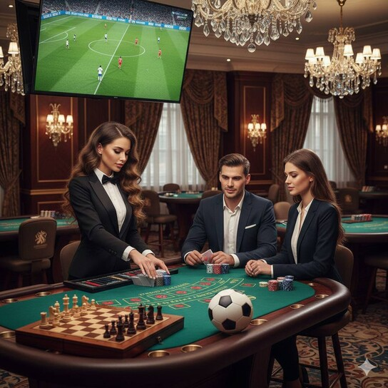 Luxurious casino interior with gaming tables and slot machines